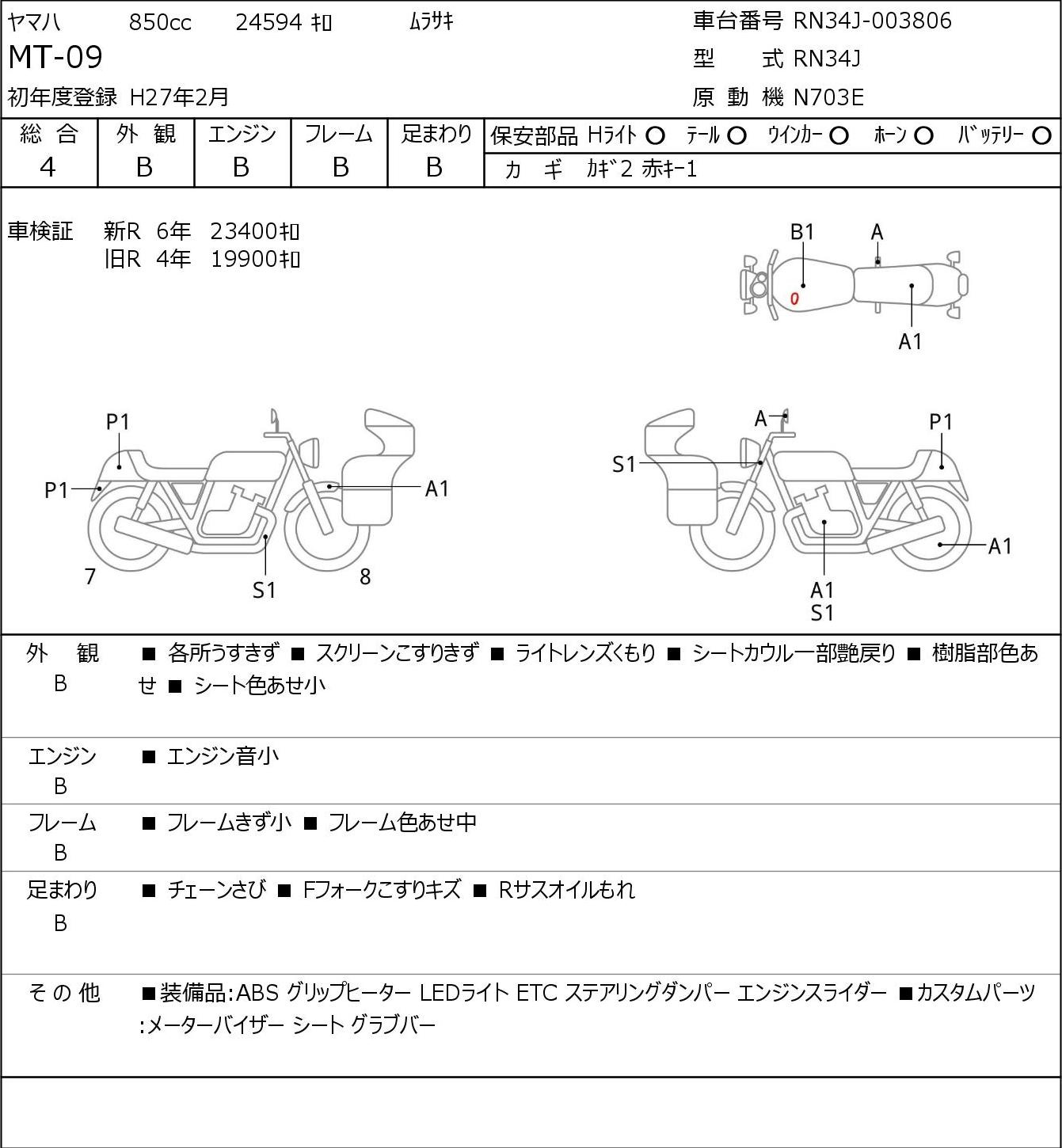 Аукционный лист Yamaha MT-09 2015