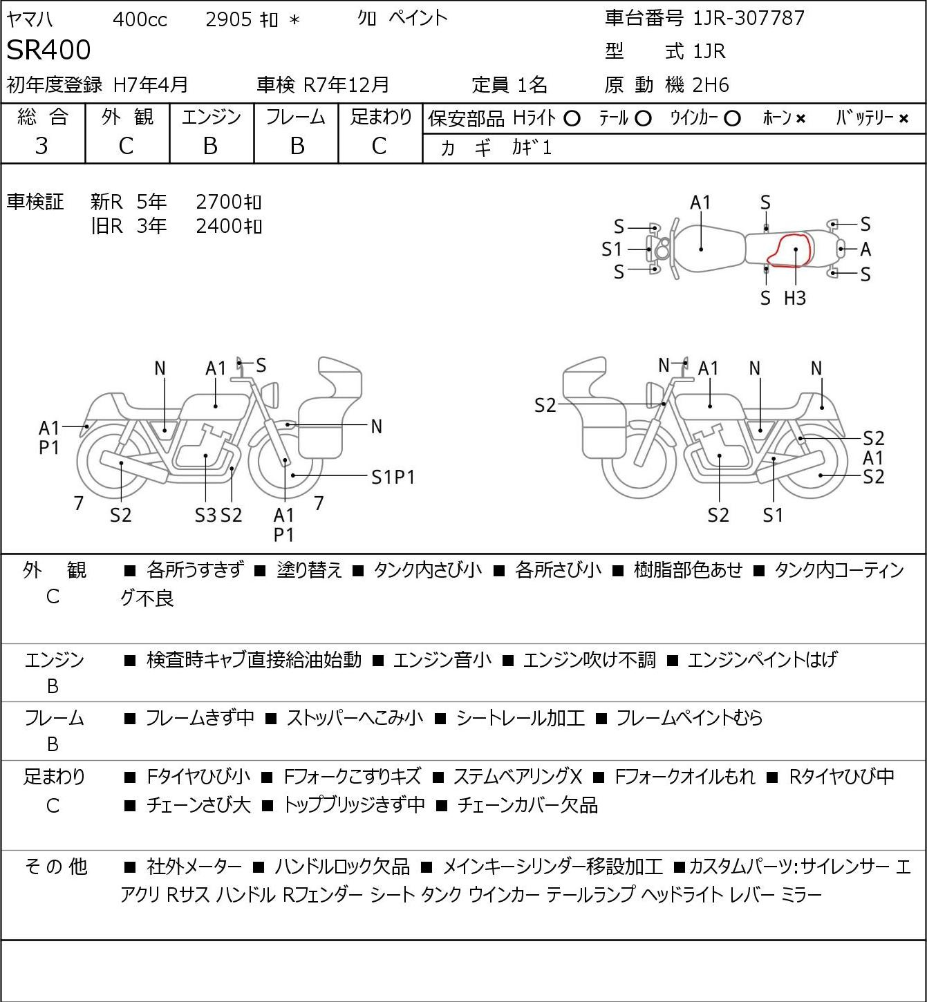 Аукционный лист Yamaha SR400-1 1995
