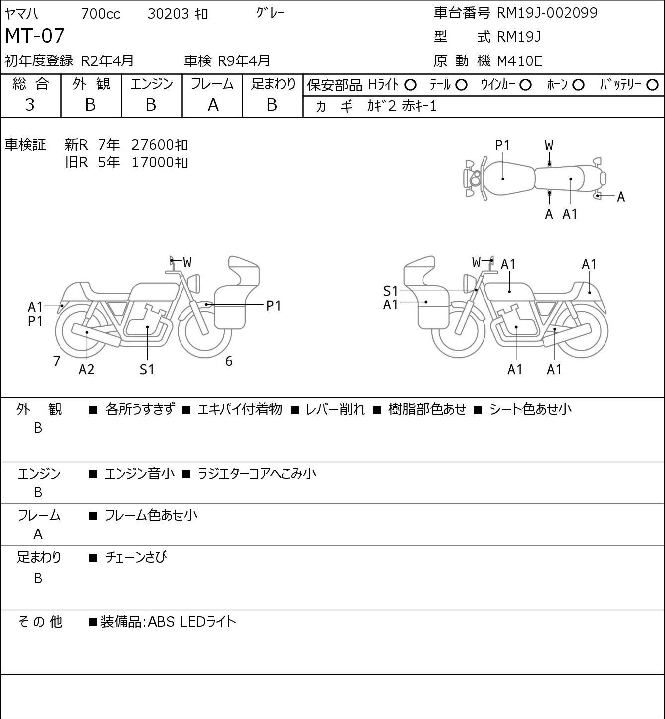 Аукционный лист Yamaha MT-07 2020