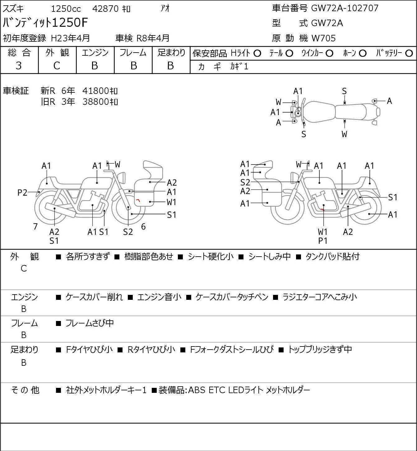 Аукционный лист Suzuki BANDIT1250F 2011