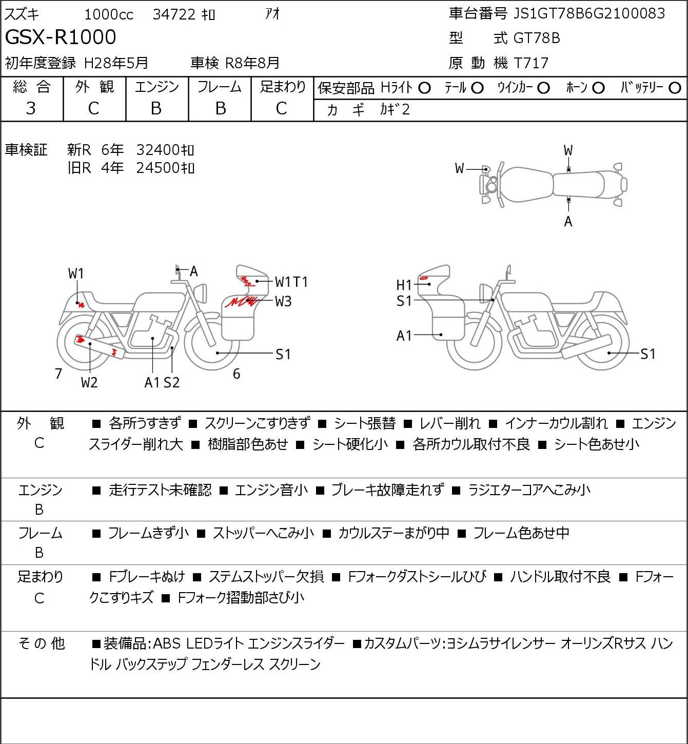 Аукционный лист Suzuki GSX-R1000 2016