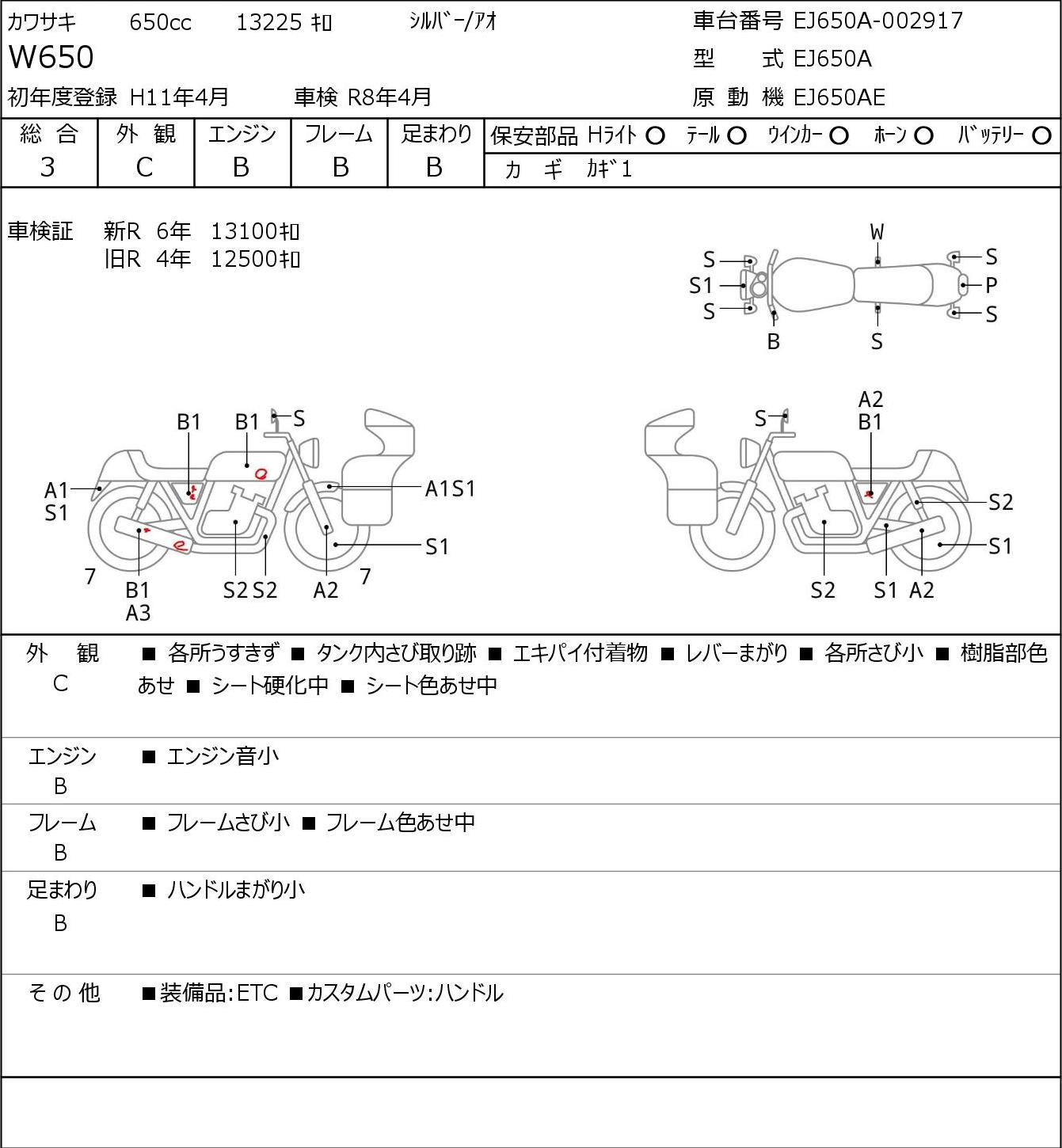 Аукционный лист Kawasaki W650 1999