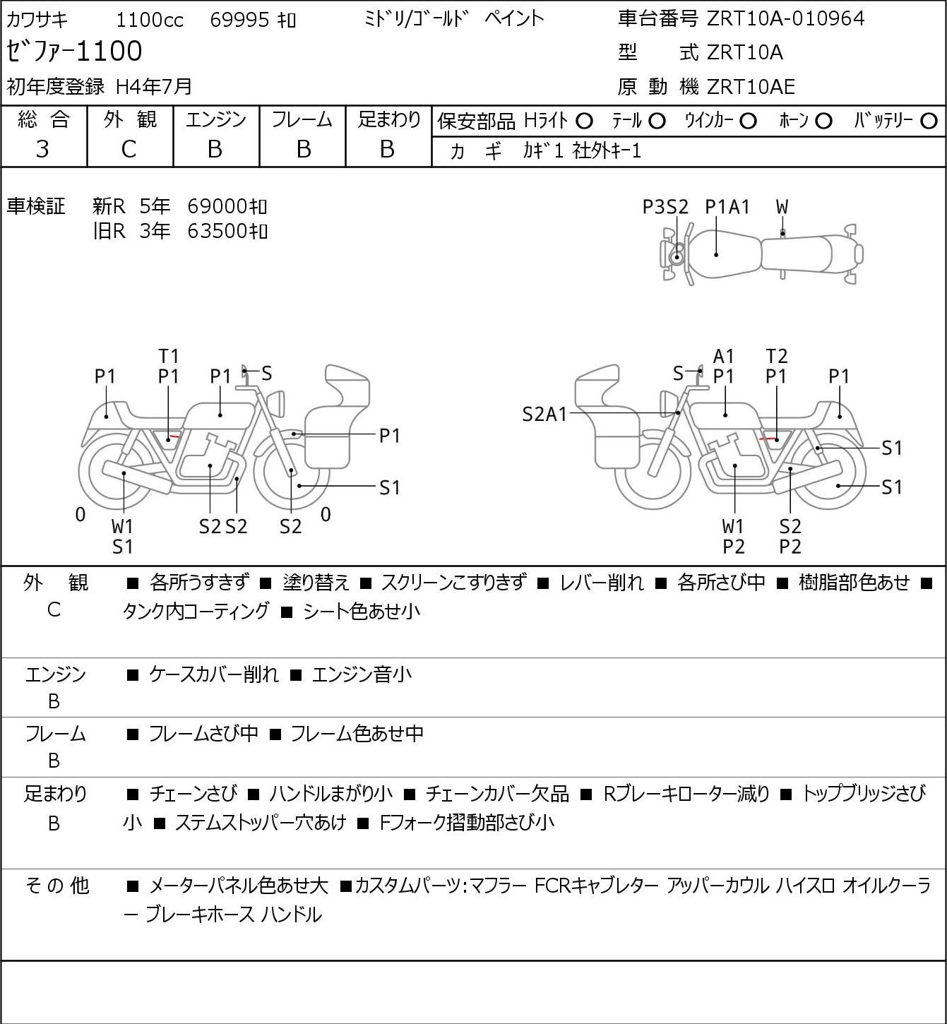 Аукционный лист Kawasaki ZEPHYR1100 1992