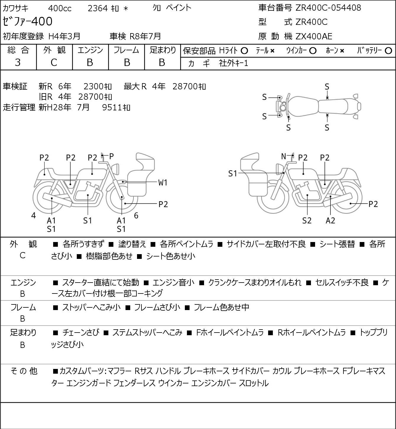 Аукционный лист Kawasaki ZEPHYR400 1992