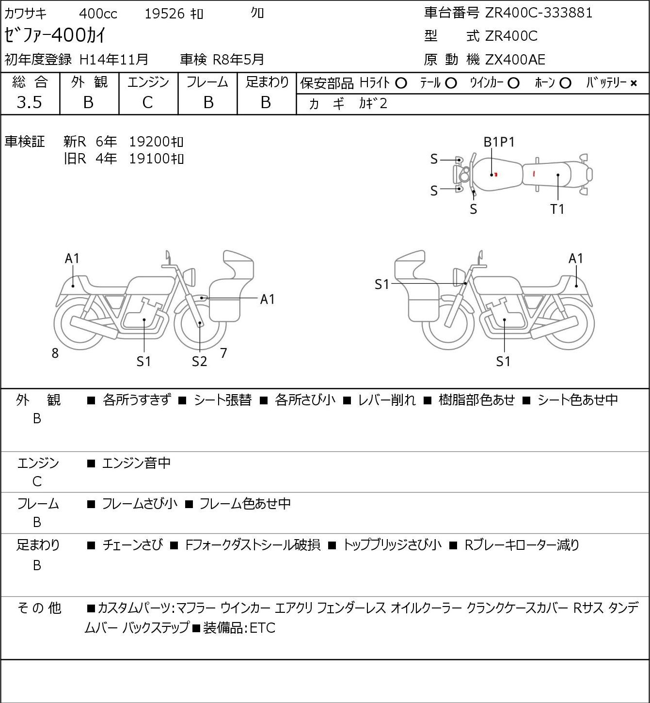 Аукционный лист Kawasaki ZEPHYR400K 2002