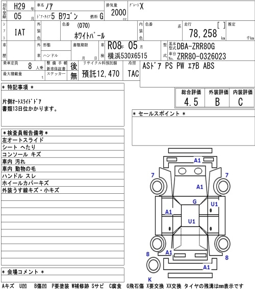 Аукционный лист TOYOTA NOAH 2017
