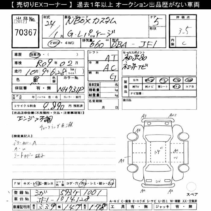 Аукционный лист HONDA N BOX 2012