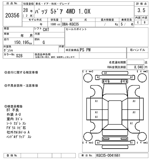 Аукционный лист TOYOTA PASSO 2016