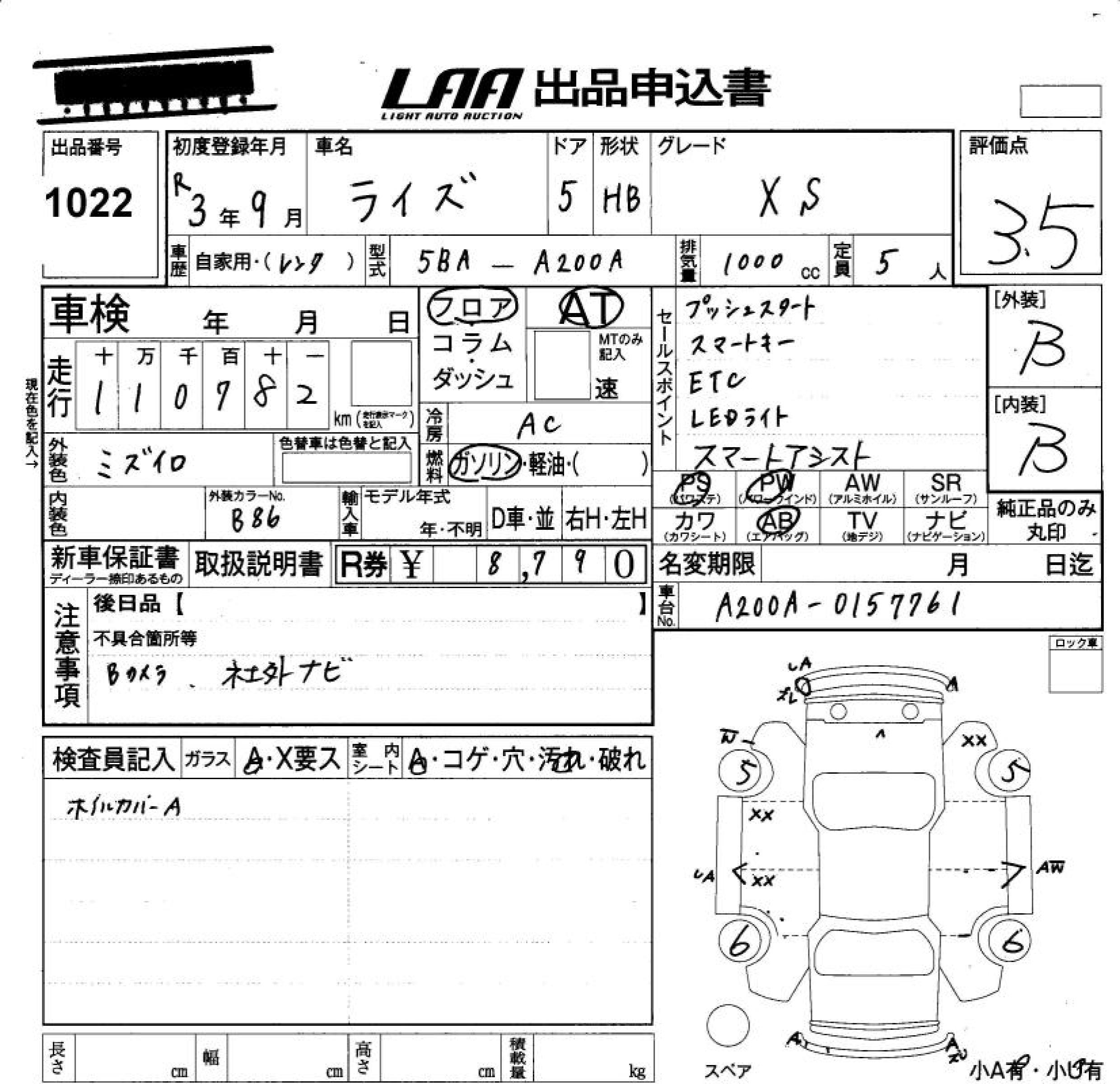 Аукционный лист TOYOTA RAIZE 2021