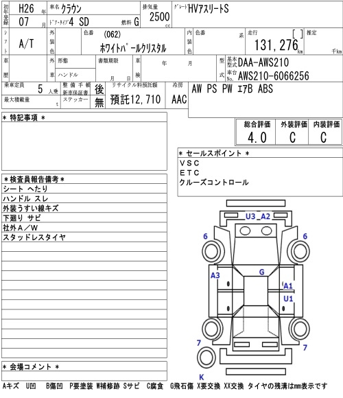 Аукционный лист TOYOTA CROWN 2014