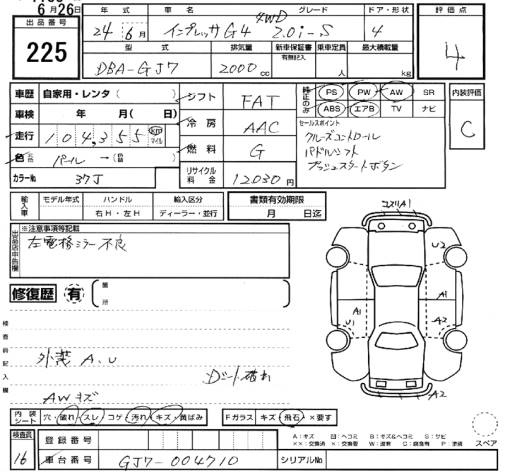 Аукционный лист SUBARU IMPREZA G4 2012