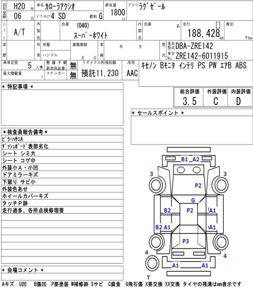 Аукционный лист TOYOTA COROLLA AXIO 2008
