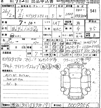 Аукционный лист TOYOTA NOAH 2014