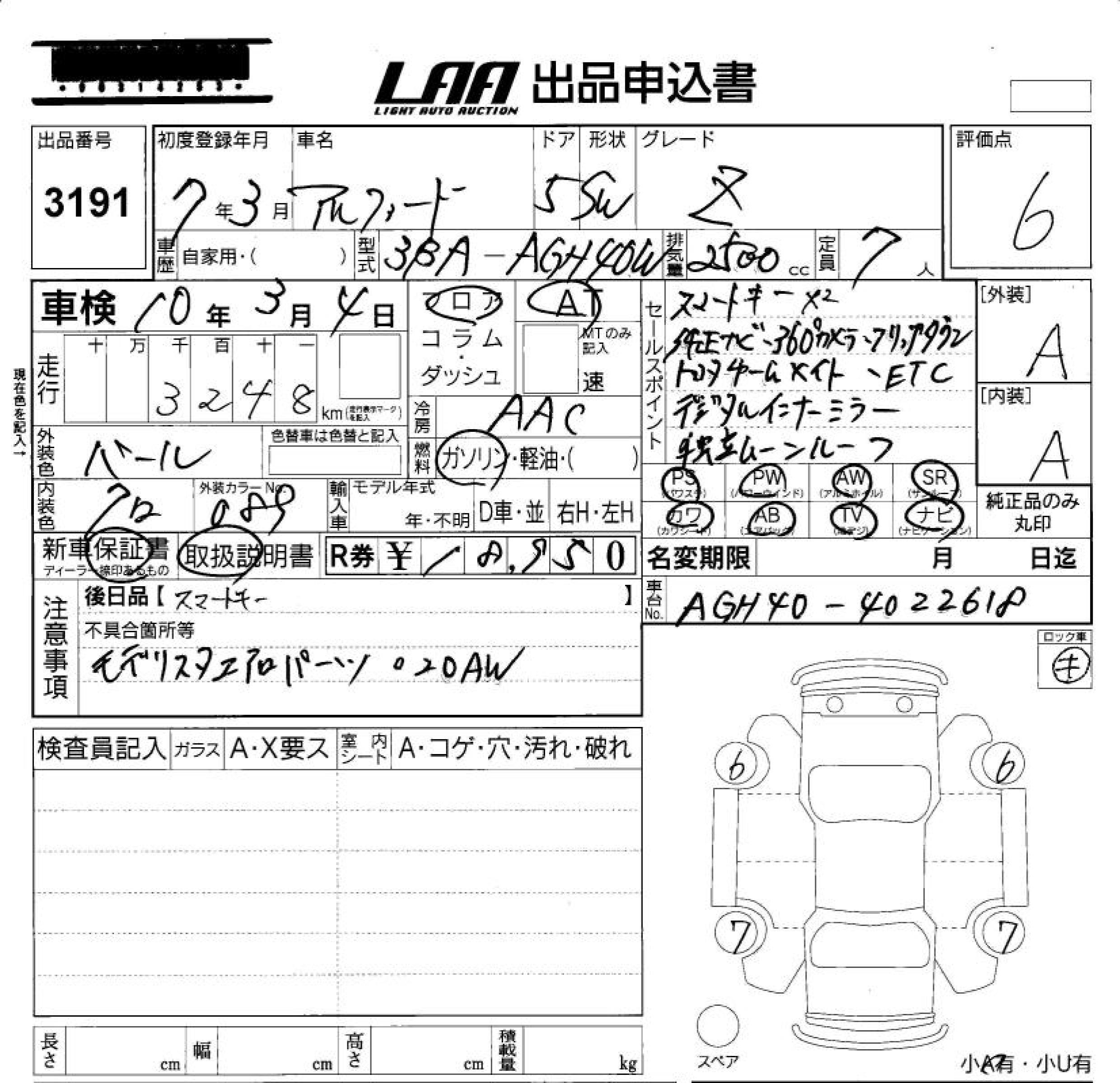 Аукционный лист TOYOTA ALPHARD 2025