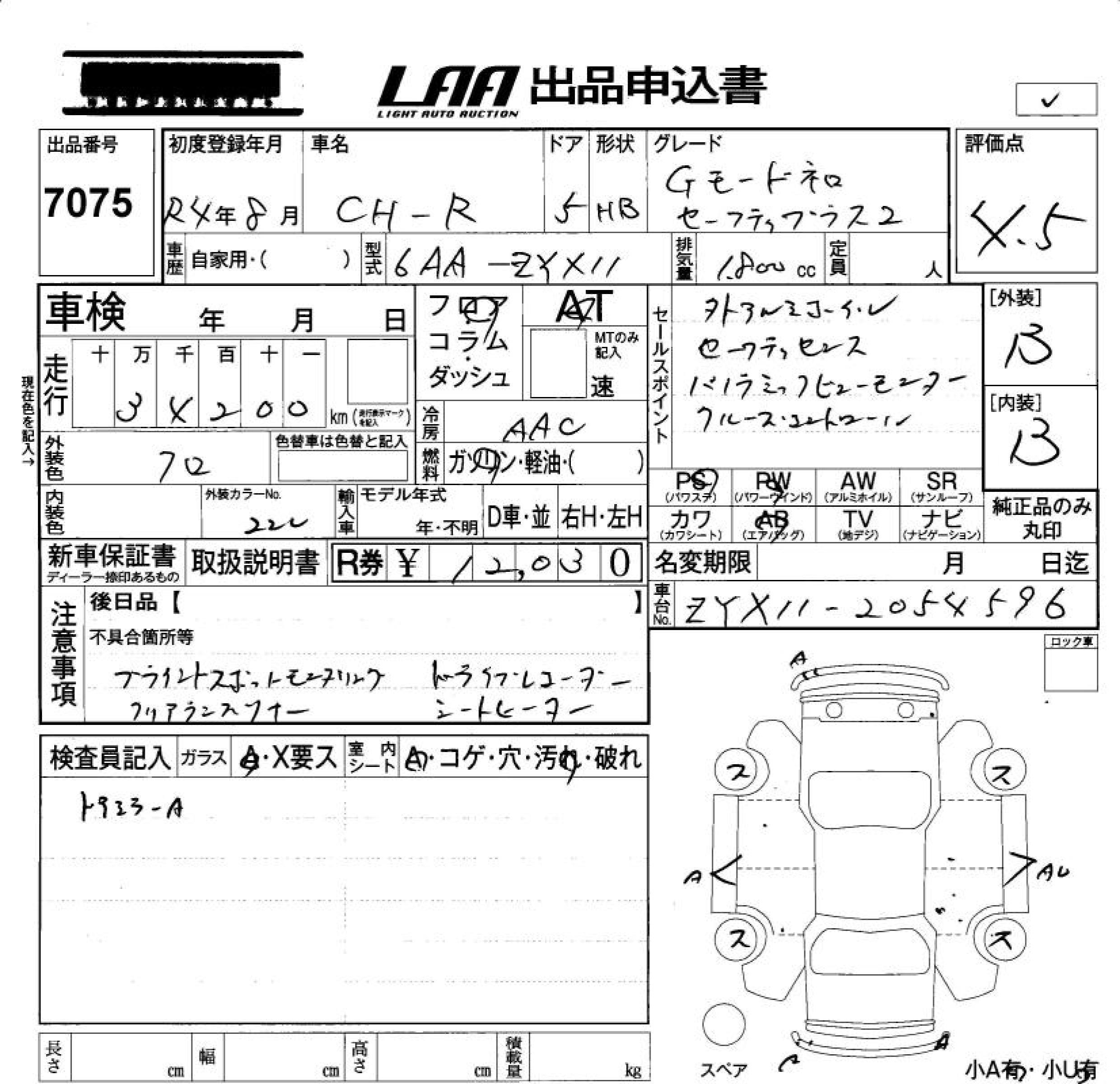 Аукционный лист TOYOTA C-HR 2022