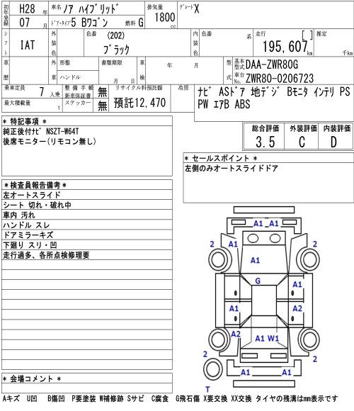 Аукционный лист TOYOTA NOAH 2016