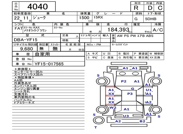 Аукционный лист NISSAN JUKE 2010