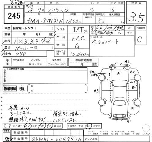Аукционный лист TOYOTA PRIUS ALPHA 2016