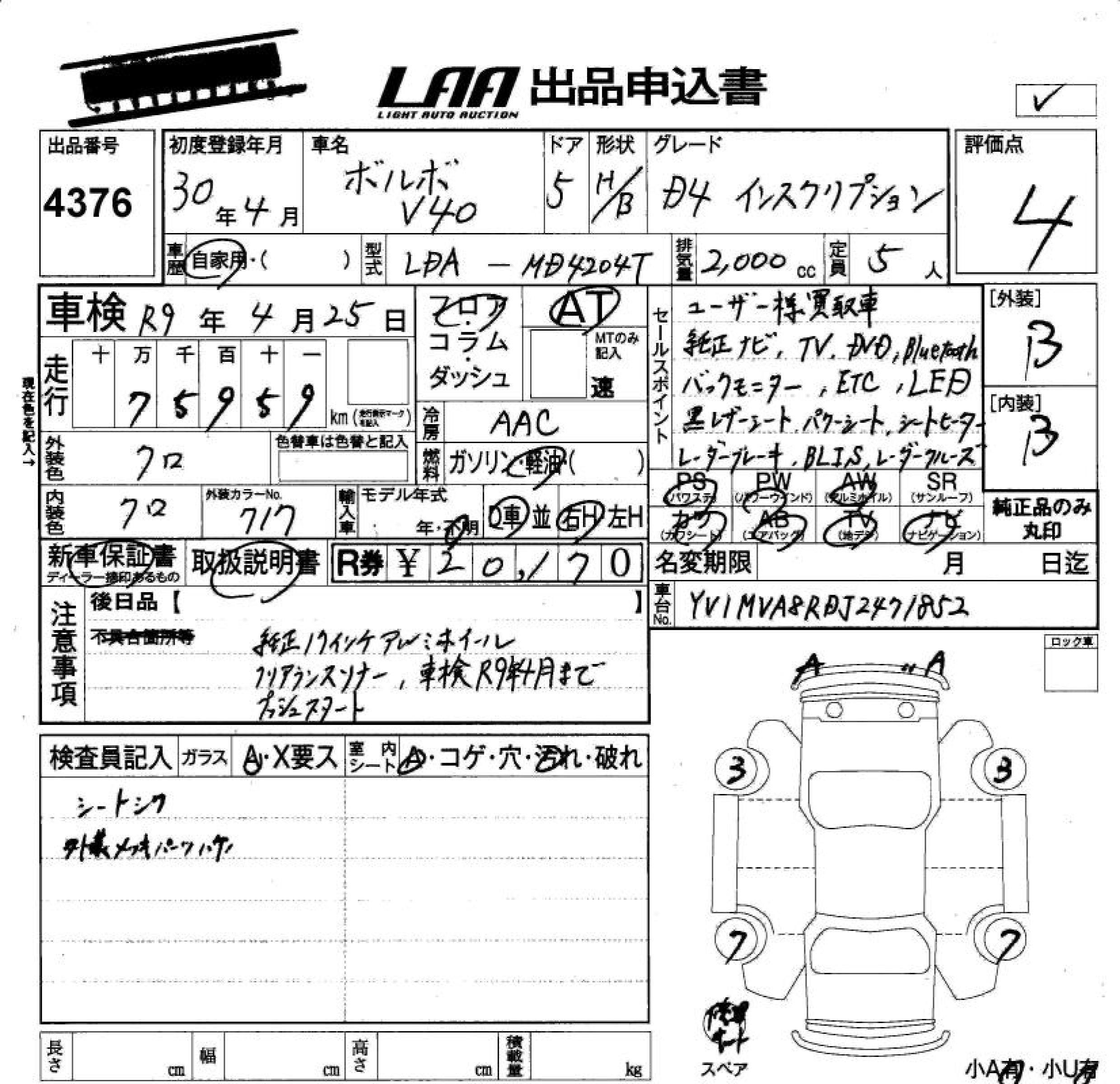 Аукционный лист VOLVO V40 2018