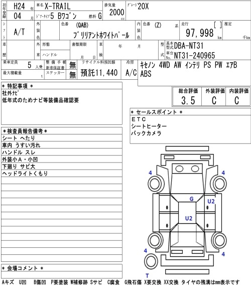 Аукционный лист NISSAN X-TRAIL 2012