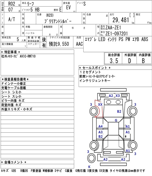 Аукционный лист NISSAN LEAF 2020