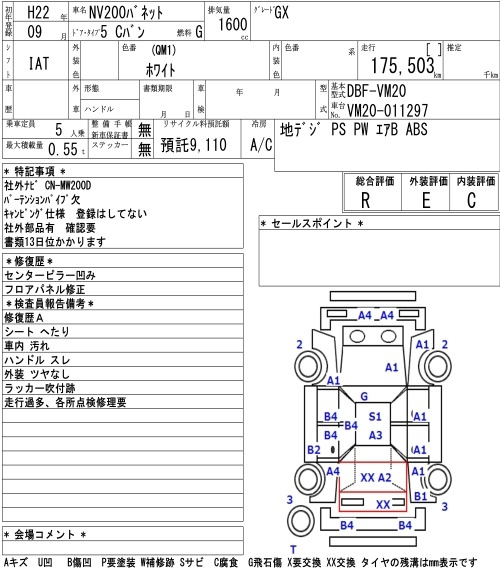 Аукционный лист NISSAN NV200 2010