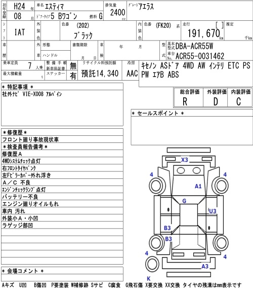 Аукционный лист TOYOTA ESTIMA 2012