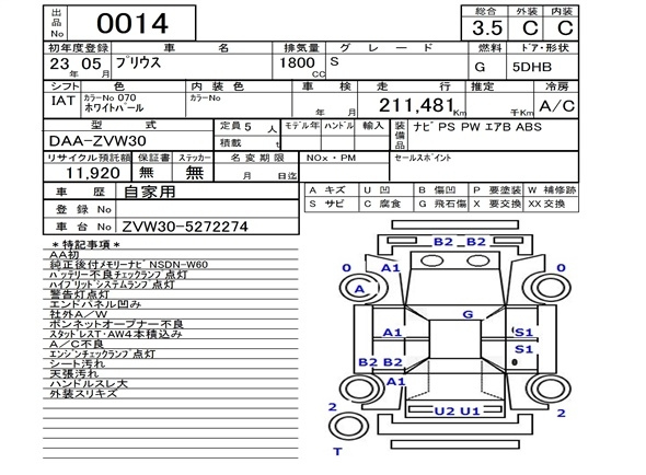 Аукционный лист TOYOTA PRIUS 2011
