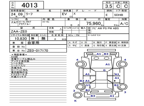Аукционный лист NISSAN LEAF 2012