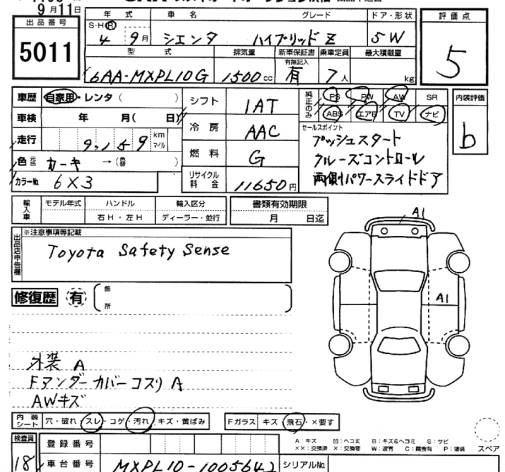 Аукционный лист TOYOTA SIENTA 2022