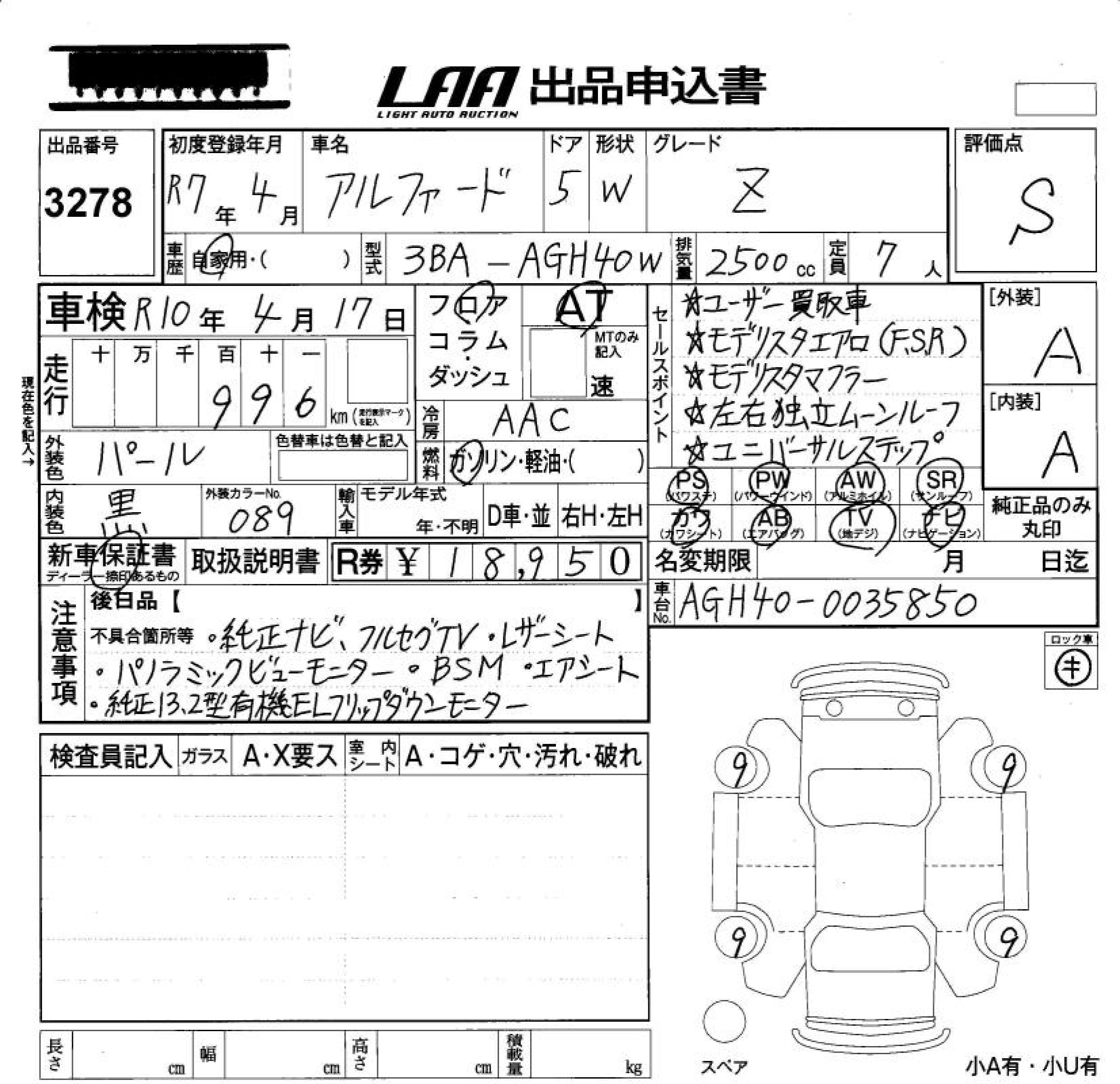 Аукционный лист TOYOTA ALPHARD 2025