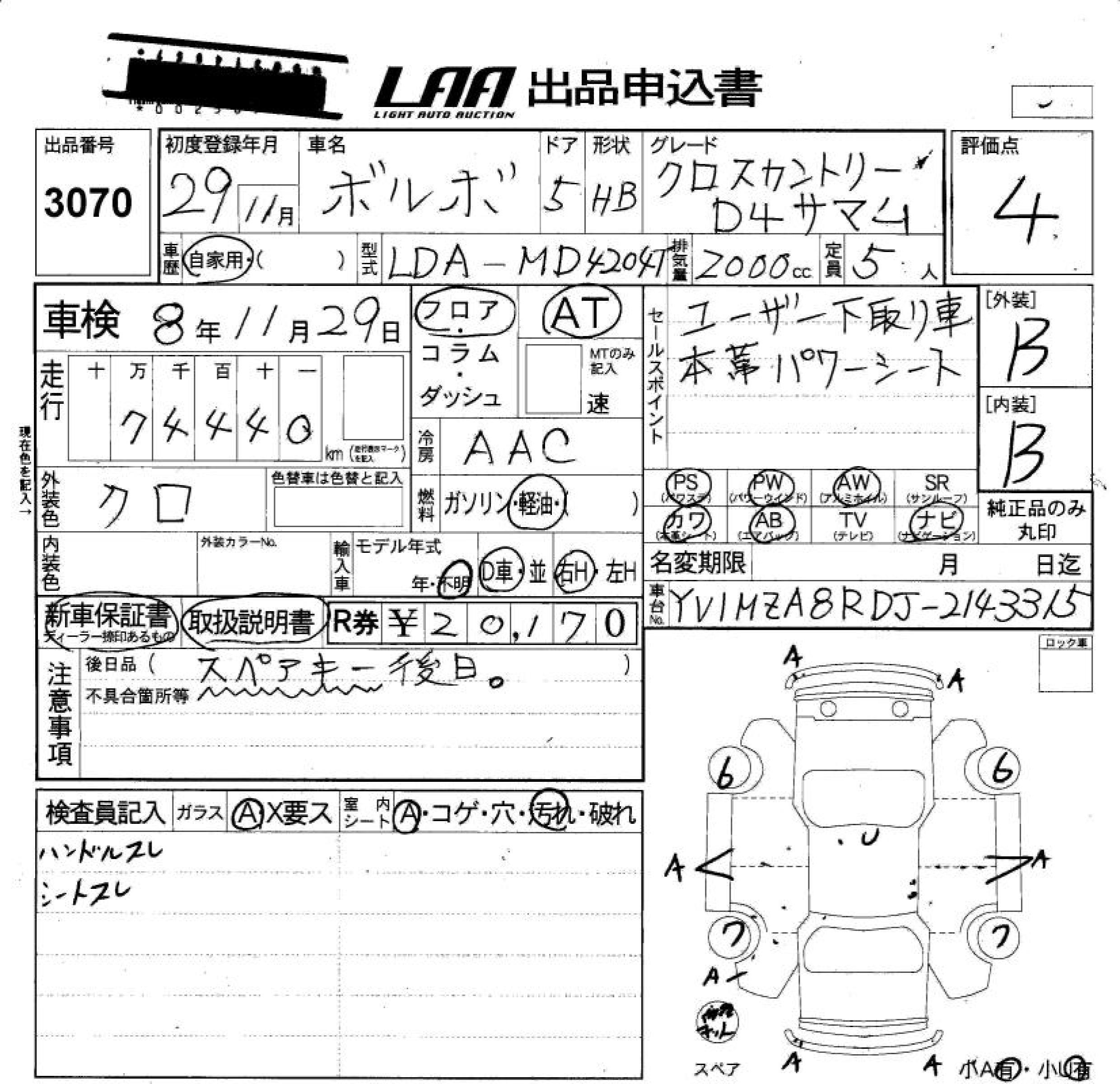 Аукционный лист VOLVO V40 2017