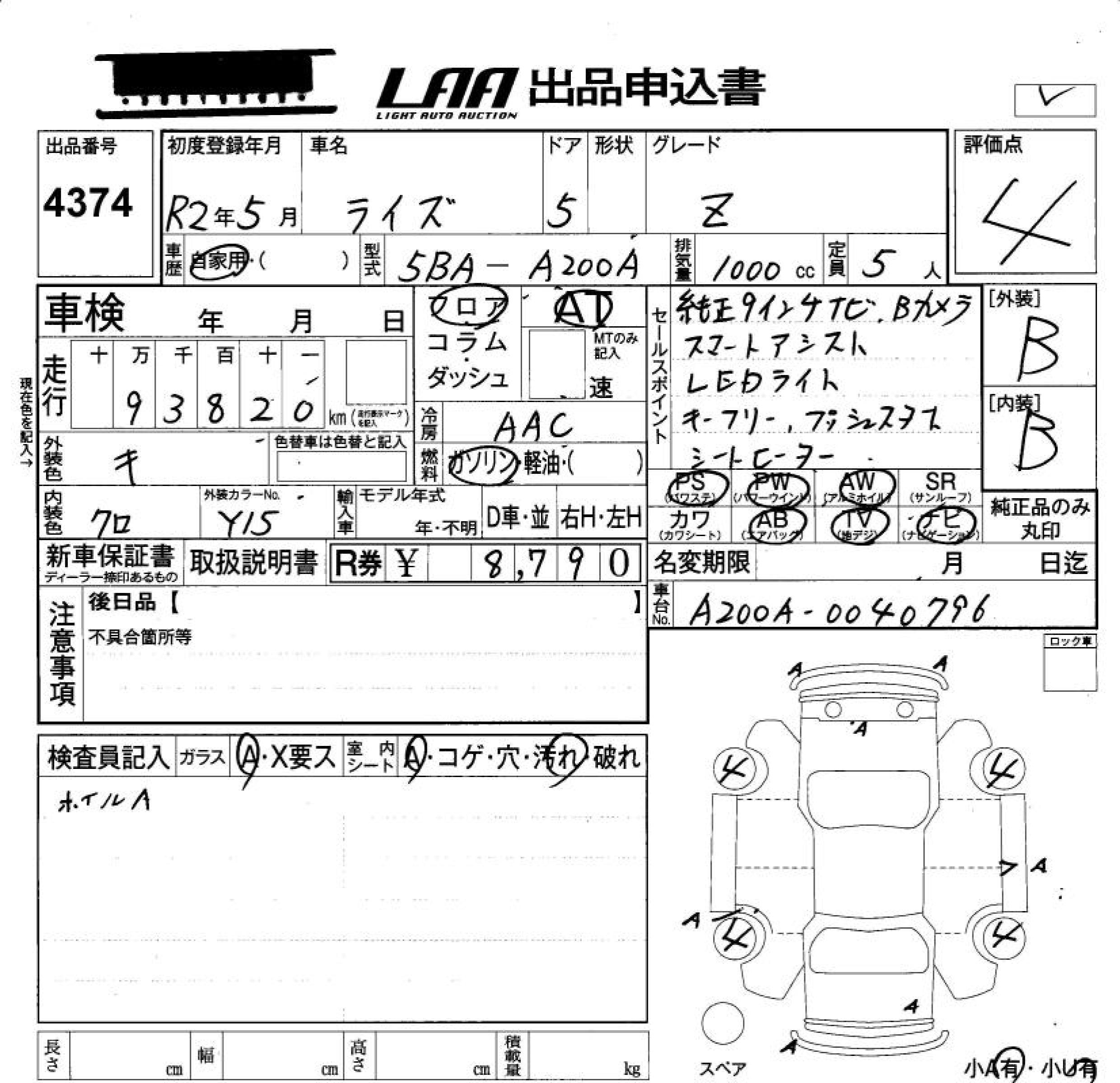 Аукционный лист TOYOTA RAIZE 2020