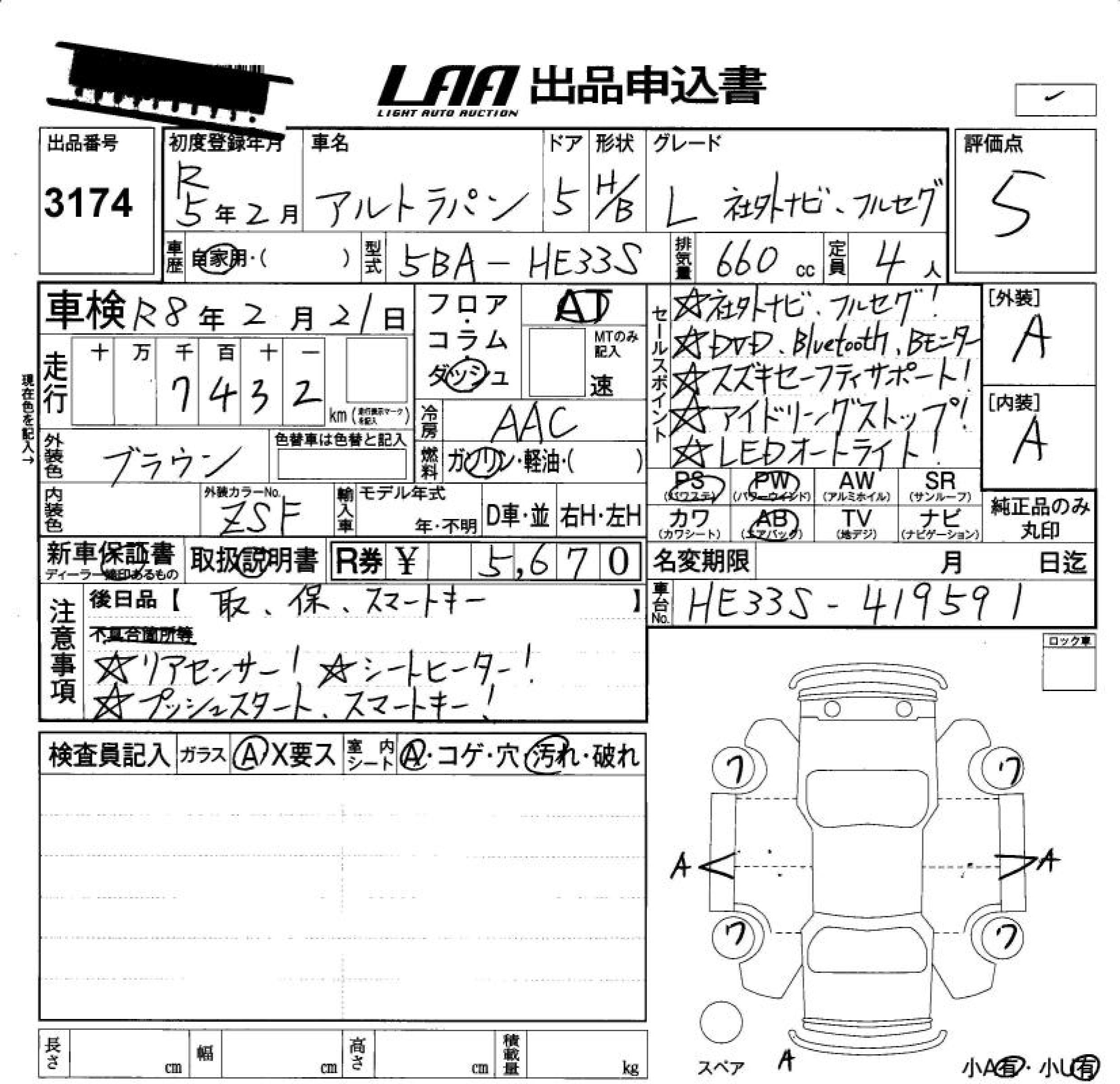Аукционный лист SUZUKI ALTO LAPIN 2023