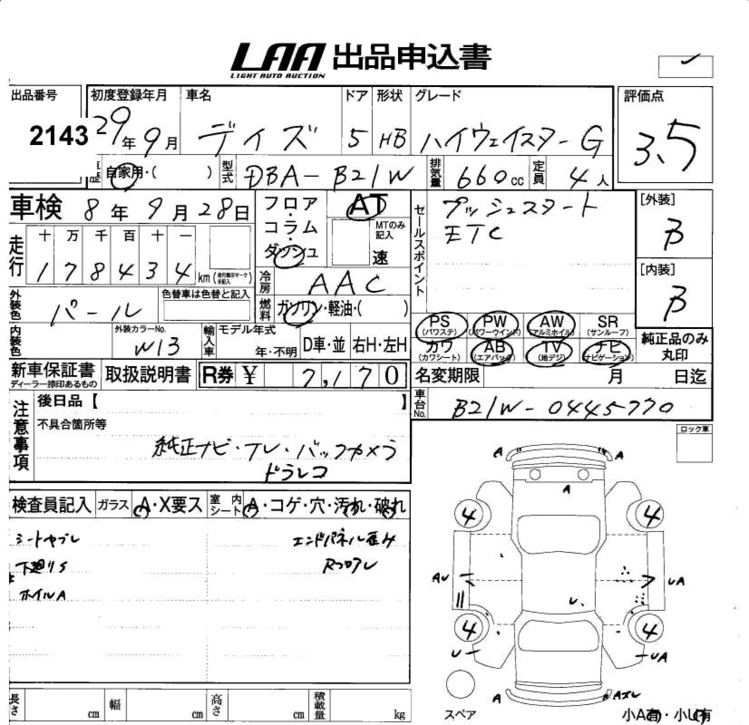 Аукционный лист NISSAN DAYZ 2017
