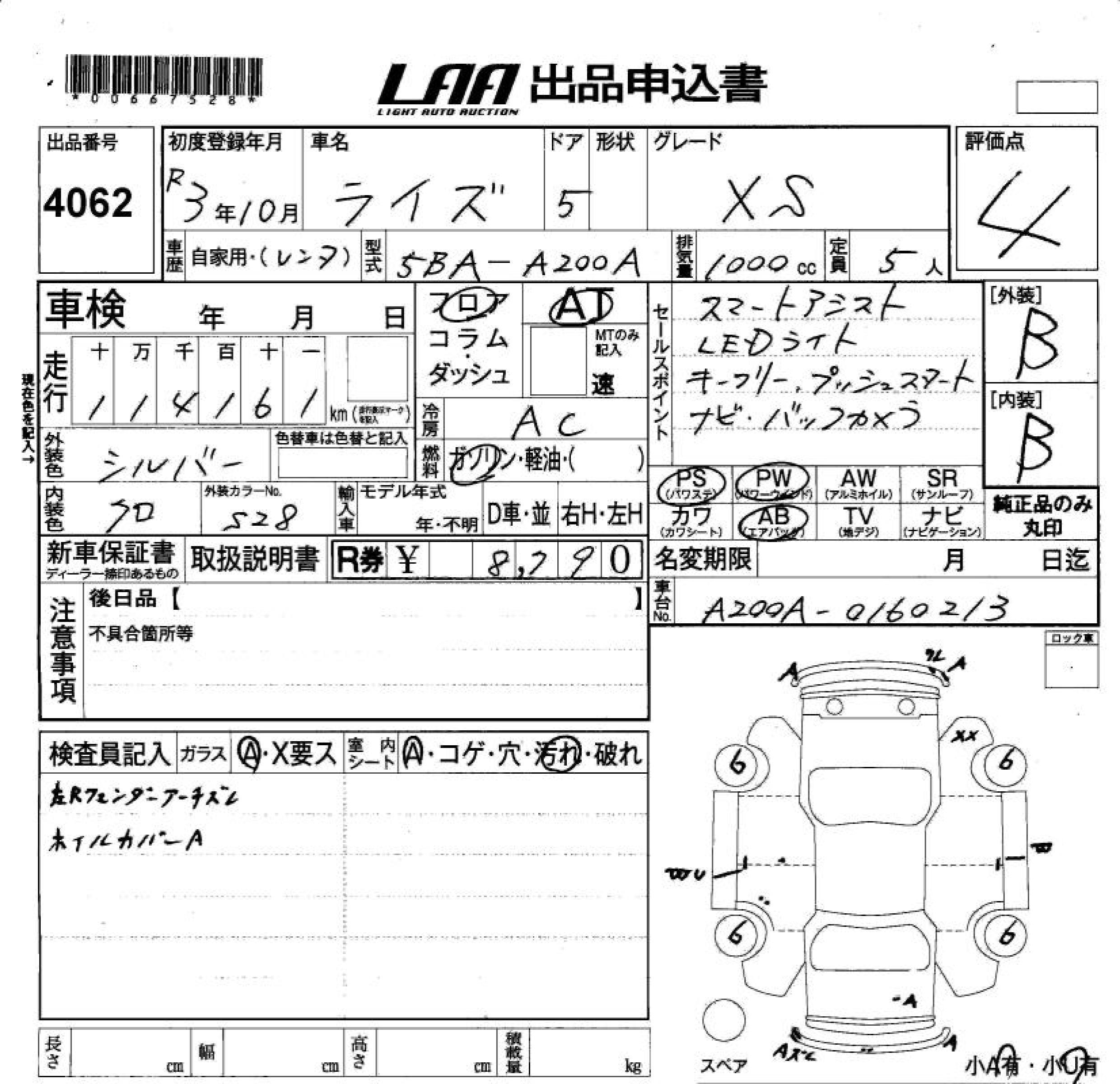 Аукционный лист TOYOTA RAIZE 2021