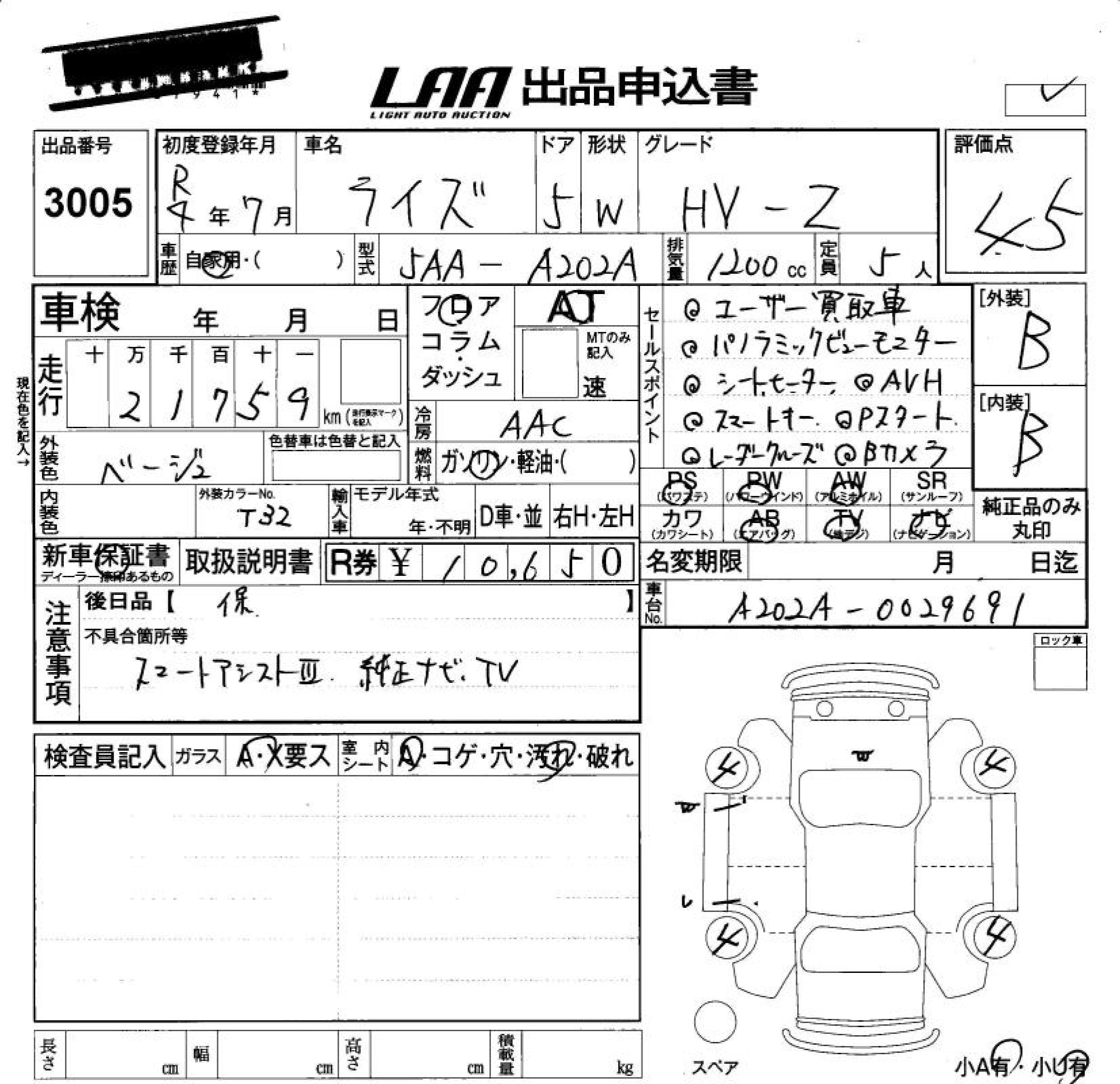 Аукционный лист TOYOTA RAIZE 2022