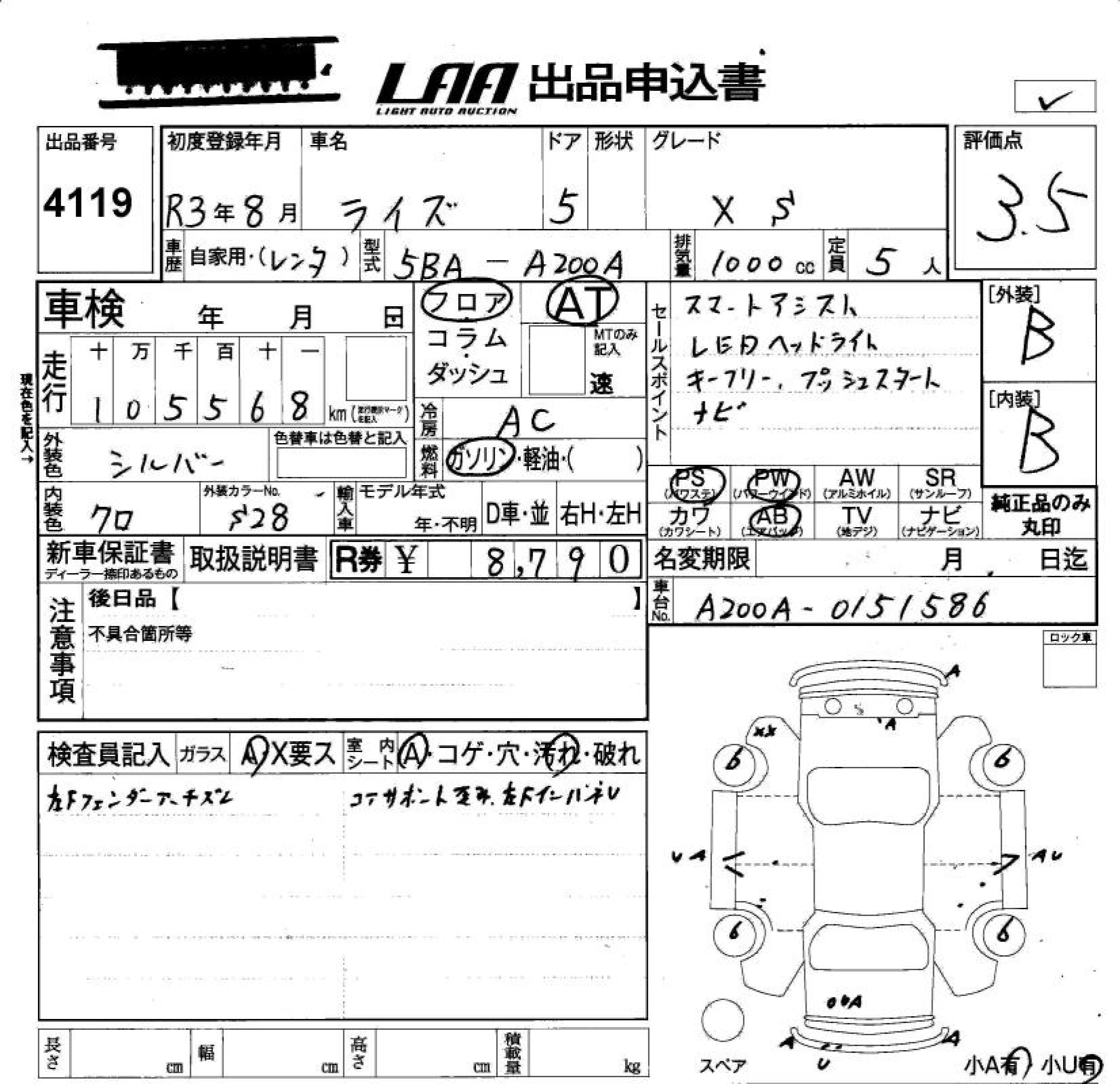 Аукционный лист TOYOTA RAIZE 2021