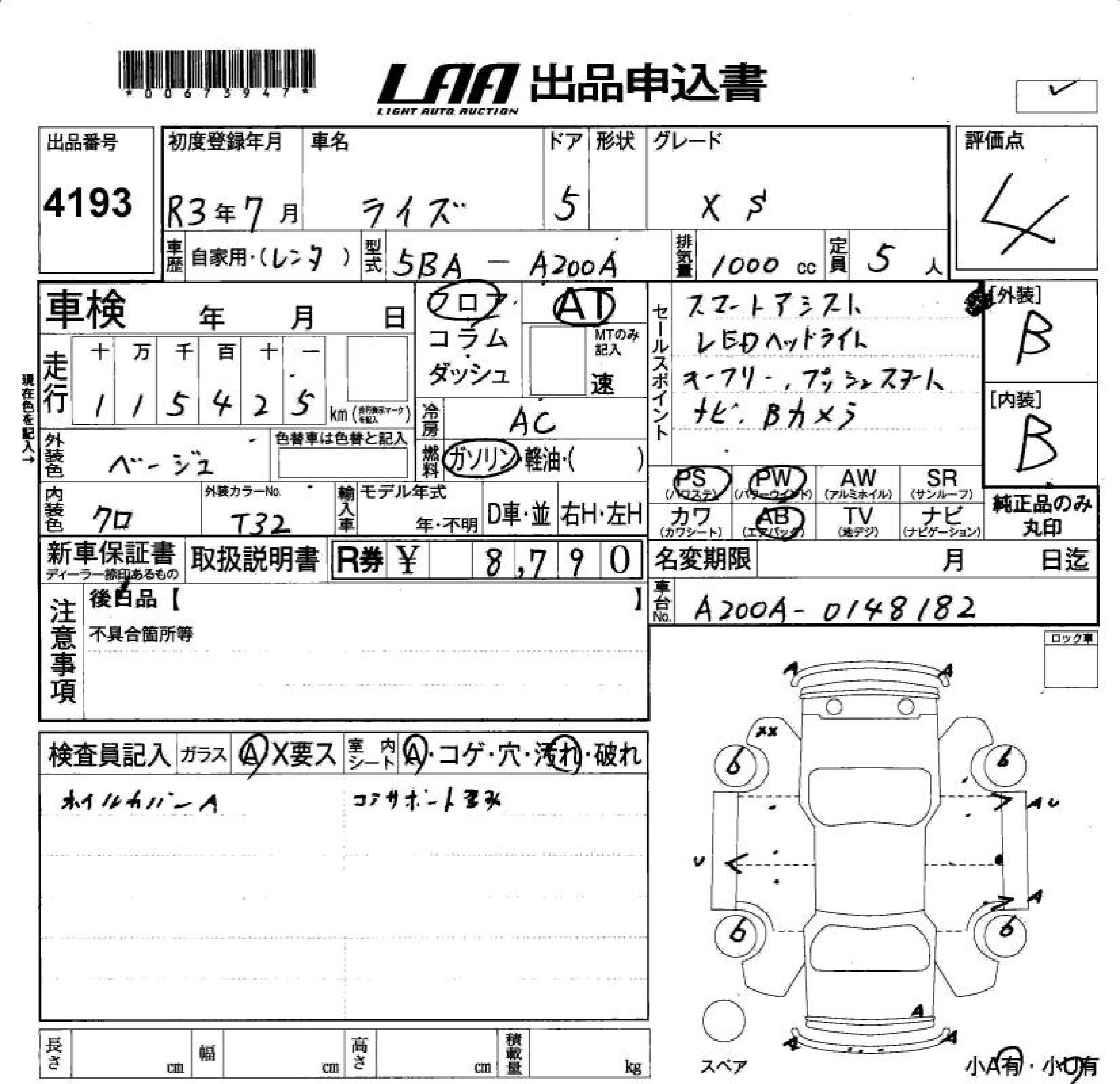 Аукционный лист TOYOTA RAIZE 2021