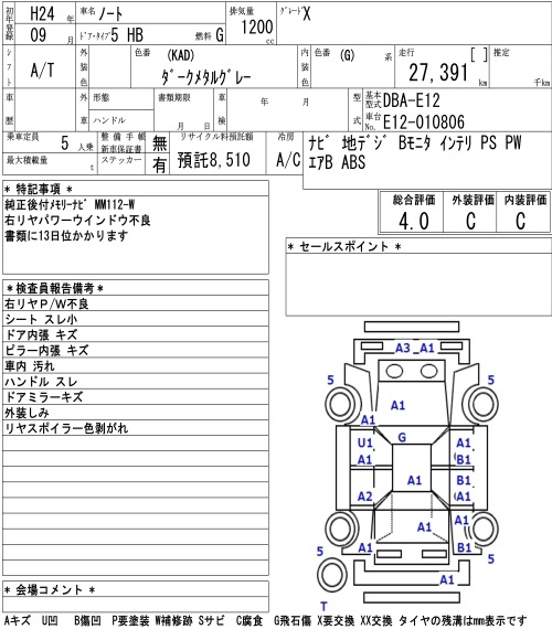 Аукционный лист NISSAN NOTE 2012