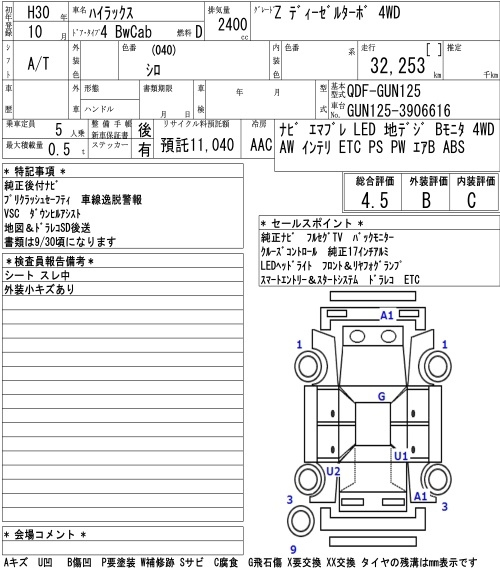 Аукционный лист TOYOTA HILUX 2018