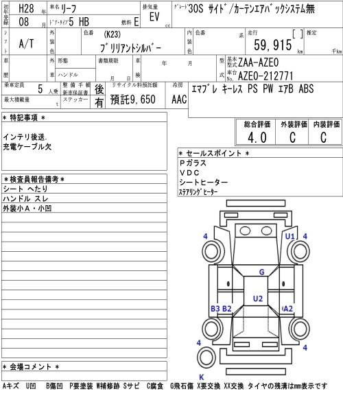 Аукционный лист NISSAN LEAF 2016