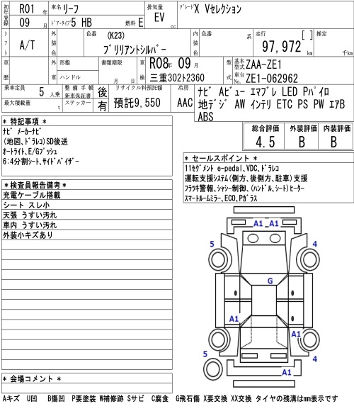 Аукционный лист NISSAN LEAF 2019