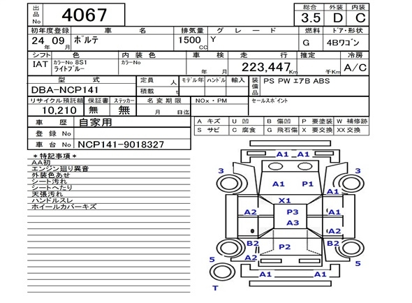Аукционный лист TOYOTA PORTE 2012