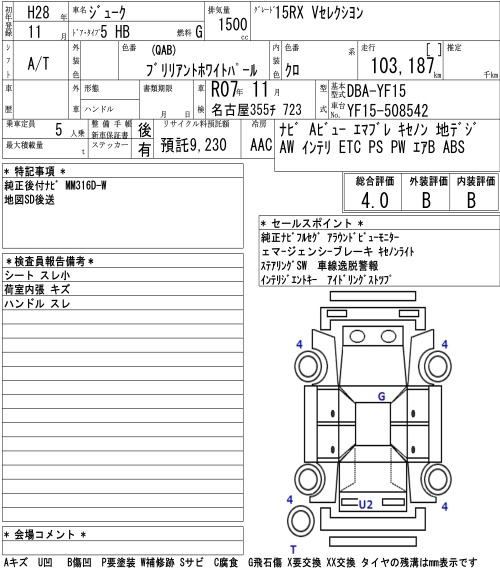 Аукционный лист NISSAN JUKE 2016