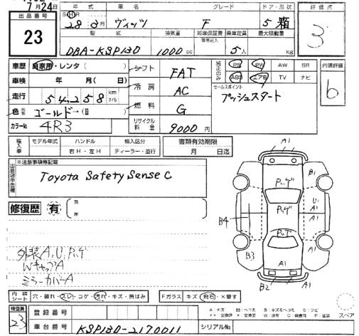 Аукционный лист TOYOTA VITZ 2016