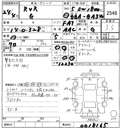 Аукционный лист MITSUBISHI RVR 2012