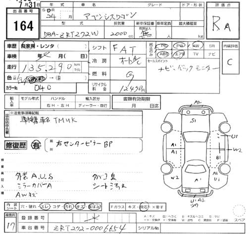 Аукционный лист TOYOTA AVENSIS WAGON 2012