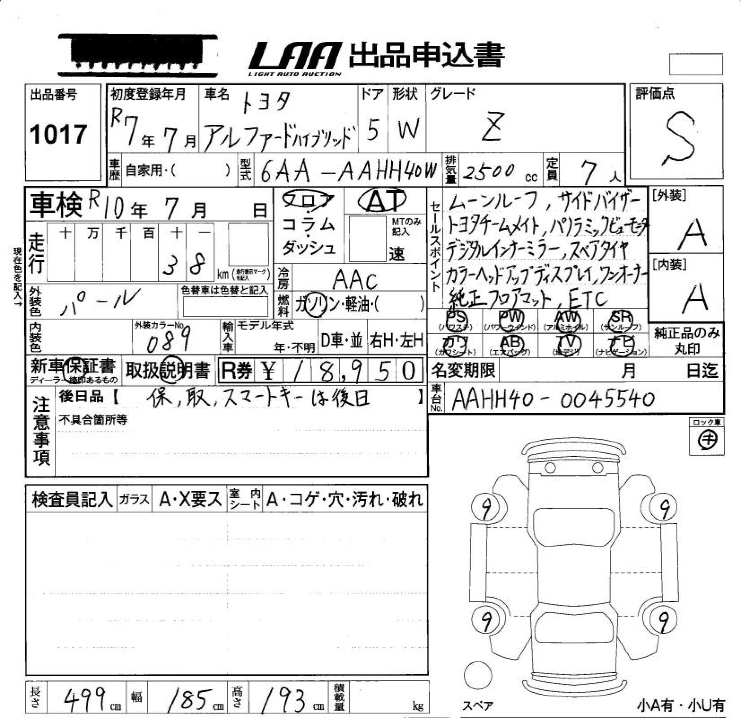 Аукционный лист TOYOTA ALPHARD 2025