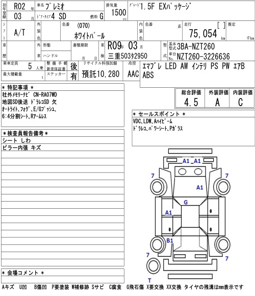 Аукционный лист TOYOTA PREMIO 2020